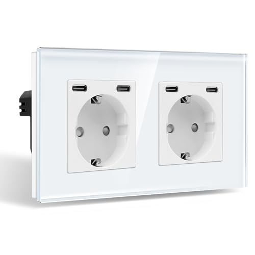 CNBINGO Doppelsteckdose mit 4× TypC (USB-Anschluss 20W Schnellladen) - Zweifach Glas Schuko Steckdose Unterputz - Weiß Wandsteckdose mit Kindersicherung von CNBINGO