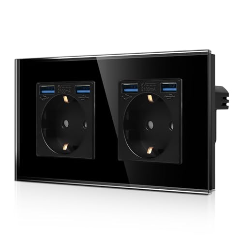 CNBINGO Doppelsteckdose mit 4× USB Anschluss (2 Typ-A total Max.2,1 Amp) - Zweifach Glas Schuko Steckdose Unterputz - Schwarz Wandsteckdose mit Kindersicherung von CNBINGO
