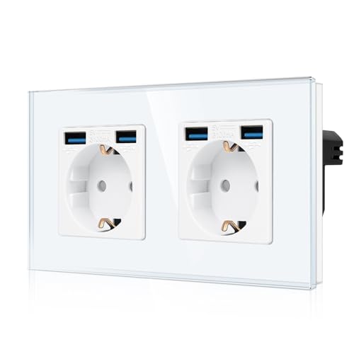 CNBINGO Doppelsteckdose mit 4× USB Anschluss (2 Typ-A total Max.2,1 Amp) - Zweifach Glas Schuko Steckdose Unterputz - Weiß Wandsteckdose mit Kindersicherung von CNBINGO