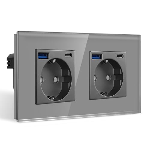 CNBINGO Doppelsteckdose mit 4× USB-Anschluss (Max. 2.1A, Typ-C und USB-A) - Zweifach Glas Schuko Steckdose Unterputz - Grau Wandsteckdose mit Kindersicherung von CNBINGO