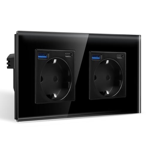 CNBINGO Doppelsteckdose mit 4× USB-Anschluss (Max. 2.1A, Typ-C und USB-A) - Zweifach Glas Schuko Steckdose Unterputz - Schwarz Wandsteckdose mit Kindersicherung von CNBINGO