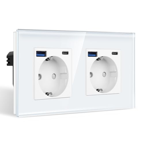 CNBINGO Doppelsteckdose mit 4× USB-Anschluss (Max. 2.1A, Typ-C und USB-A) - Zweifach Glas Schuko Steckdose Unterputz - Weiß Wandsteckdose mit Kindersicherung von CNBINGO