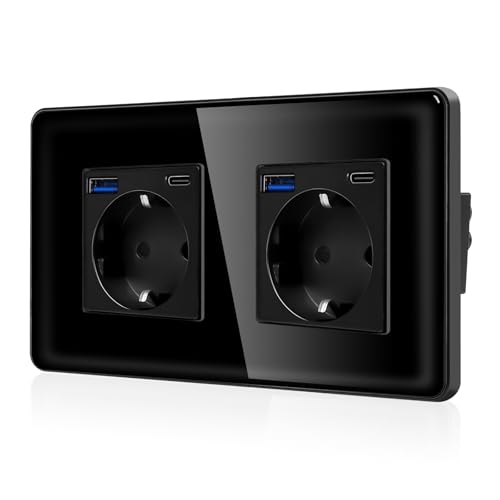CNBINGO Doppelsteckdose mit 4× USB-Anschluss (Max. 2.1A, Typ-C und USB-A) - Zweifach Schuko Steckdose Unterputz mit 2,5D Curved Glas Platte - Wandsteckdose mit Kindersicherung - 2 Fach Schwarz von CNBINGO