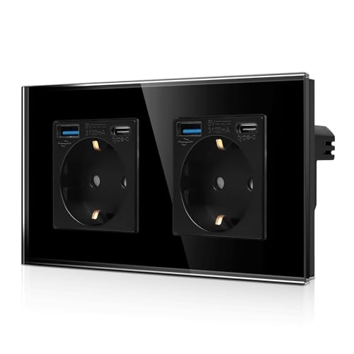 CNBINGO Doppelsteckdose mit 4× USB-Anschluss (20W Schnellladen) - 2× (Typ-C und USB-A) - Zweifach Glas Schuko Steckdose Unterputz - Schwarz Wandsteckdose mit Kindersicherung von CNBINGO