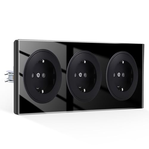 CNBINGO Dreifachsteckdose Unterputz mit Krallen - Glas Schuko Steckdose mit Kindersicherung - 16 Amp Schutzkontakt Wandsteckdose - Schwarz von CNBINGO
