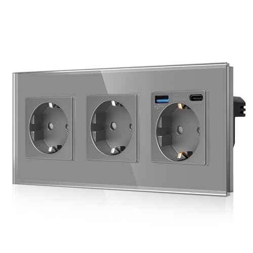 CNBINGO Dreifachsteckdose mit 2× USB-Anschluss (20W Schnellladen) - 1× (Typ-C und USB-A) - Dreifach Glas Schuko Steckdose Unterputz - Grau Wandsteckdose mit Kindersicherung von CNBINGO