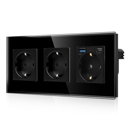 CNBINGO Dreifachsteckdose mit 2× USB-Anschluss (20W Schnellladen) - 1× (Typ-C und USB-A) - Dreifach Glas Schuko Steckdose Unterputz - Schwarz Wandsteckdose mit Kindersicherung von CNBINGO