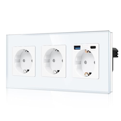 CNBINGO Dreifachsteckdose mit 2× USB-Anschluss (20W Schnellladen) - 1× (Typ-C und USB-A) - Dreifach Glas Schuko Steckdose Unterputz - Weiß Wandsteckdose mit Kindersicherung von CNBINGO