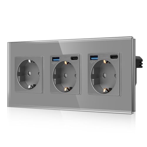 CNBINGO Dreifachsteckdose mit 4× USB-Anschluss (20W Schnellladen) - 2× (Typ-C und USB-A) - Dreifach Glas Schuko Steckdose Unterputz - Grau Wandsteckdose mit Kindersicherung von CNBINGO