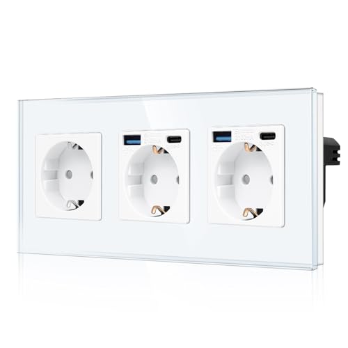 CNBINGO Dreifachsteckdose mit 4× USB-Anschluss (20W Schnellladen) - 2× (Typ-C und USB-A) - Dreifach Glas Schuko Steckdose Unterputz - Weiß Wandsteckdose mit Kindersicherung von CNBINGO