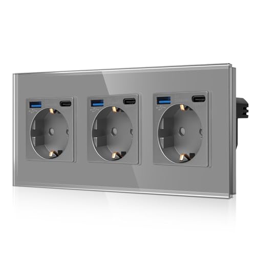 CNBINGO Dreifachsteckdose mit 6× USB-Anschluss (20W Schnellladen) - 3× (Typ-C und USB-A) - Dreifach Glas Schuko Steckdose Unterputz - Grau Wandsteckdose mit Kindersicherung von CNBINGO