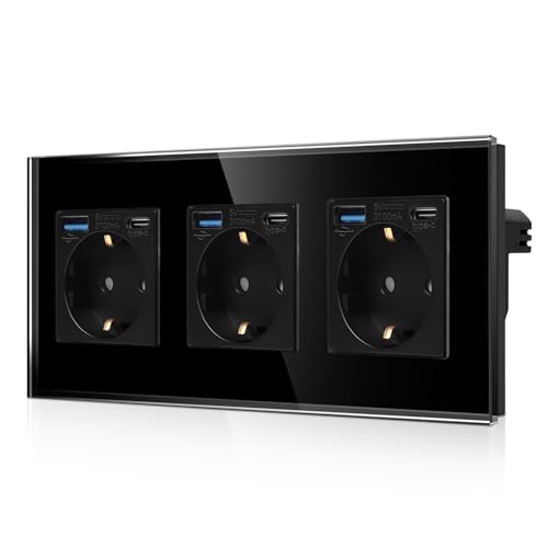 CNBINGO Dreifachsteckdose mit 6× USB-Anschluss (20W Schnellladen) - 3× (Typ-C und USB-A) - Dreifach Glas Schuko Steckdose Unterputz - Schwarz Wandsteckdose mit Kindersicherung von CNBINGO