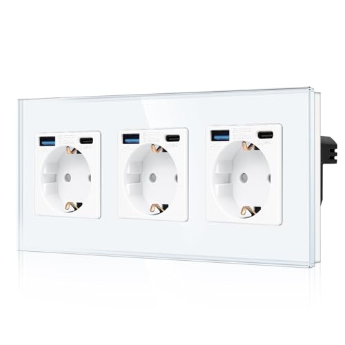 CNBINGO Dreifachsteckdose mit 6× USB-Anschluss (20W Schnellladen) - 3× (Typ-C und USB-A) - Dreifach Glas Schuko Steckdose Unterputz - Weiß Wandsteckdose mit Kindersicherung von CNBINGO