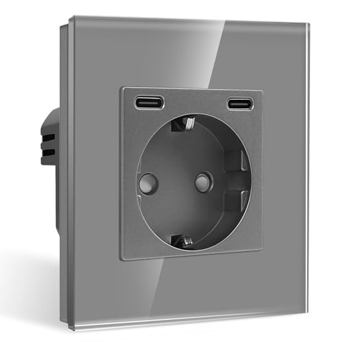 CNBINGO Einzelsteckdose mit 2× TypC (USB-Anschluss 20W Schnellladen) - Einfach Glas Schuko Steckdose Unterputz - Grau Wandsteckdose mit Kindersicherung von CNBINGO