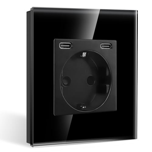 CNBINGO Einzelsteckdose mit 2× TypC (USB-Anschluss 20W Schnellladen) - Einfach Glas Schuko Steckdose Unterputz - Schwarz Wandsteckdose mit Kindersicherung von CNBINGO