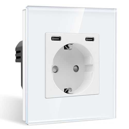 CNBINGO Einzelsteckdose mit 2× TypC (USB-Anschluss 20W Schnellladen) - Einfach Glas Schuko Steckdose Unterputz - Weiß Wandsteckdose mit Kindersicherung von CNBINGO