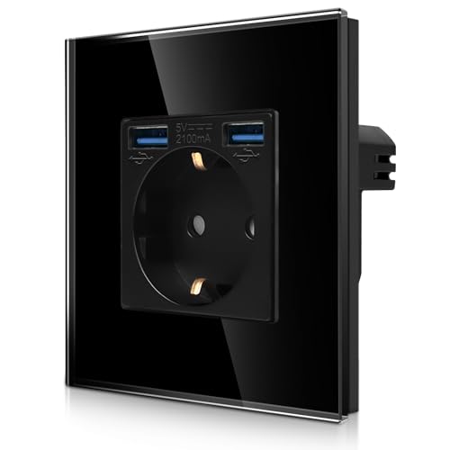 CNBINGO Einzelsteckdose mit 2× USB Anschluss (2 Typ-A total Max.2,1 Amp) - Einfach Glas Schuko Steckdose Unterputz - Schwarz Wandsteckdose mit Kindersicherung von CNBINGO
