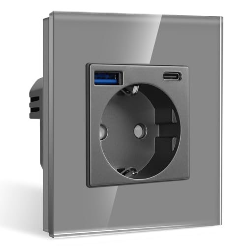 CNBINGO Einzelsteckdose mit 2× USB-Anschluss (Max. 2.1A, Typ-C und USB-A) - Einfach Glas Schuko Steckdose Unterputz - Grau Wandsteckdose mit Kindersicherung von CNBINGO
