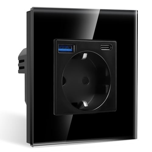 CNBINGO Einzelsteckdose mit 2× USB-Anschluss (Max. 2.1A, Typ-C und USB-A) - Einfach Glas Schuko Steckdose Unterputz - Schwarz Wandsteckdose mit Kindersicherung von CNBINGO