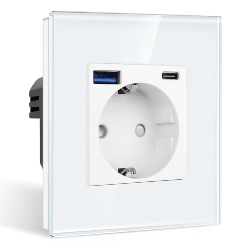 CNBINGO Einzelsteckdose mit 2× USB-Anschluss (Max. 2.1A, Typ-C und USB-A) - Einfach Glas Schuko Steckdose Unterputz - Weiß Wandsteckdose mit Kindersicherung von CNBINGO