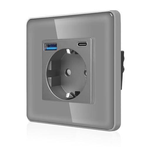 CNBINGO Einzelsteckdose mit 2× USB-Anschluss (Max. 2.1A, Typ-C und USB-A) - Einfach Schuko Steckdose Unterputz mit 2,5D Curved Glas Platte - Wandsteckdose mit Kindersicherung - 1 Fach Grau von CNBINGO