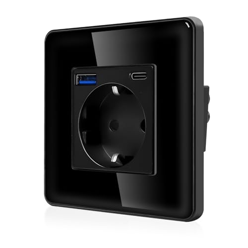 CNBINGO Einzelsteckdose mit 2× USB-Anschluss (Max. 2.1A, Typ-C und USB-A) - Einfach Schuko Steckdose Unterputz mit 2,5D Curved Glas Platte - Wandsteckdose mit Kindersicherung - 1 Fach Schwarz von CNBINGO
