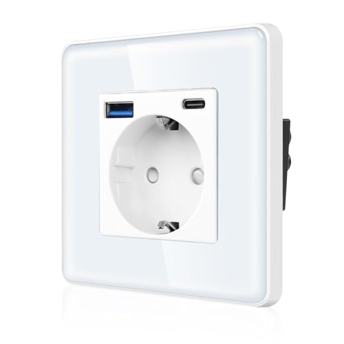 CNBINGO Einzelsteckdose mit 2× USB-Anschluss (Max. 2.1A, Typ-C und USB-A) - Einfach Schuko Steckdose Unterputz mit 2,5D Curved Glas Platte - Wandsteckdose mit Kindersicherung - 1 Fach Weiß von CNBINGO