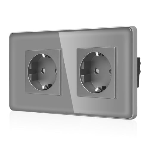 CNBINGO Glas Doppelsteckdose Unterputz - Zweifach Schuko Steckdose mit 2,5D Curved Glas Platte - 16 Amp Schutzkontakt Wandsteckdose mit Kindersicherung - 2 Fach Grau von CNBINGO