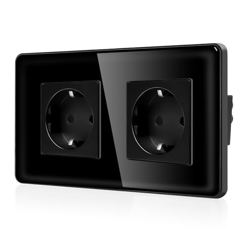 CNBINGO Glas Doppelsteckdose Unterputz - Zweifach Schuko Steckdose mit 2,5D Curved Glas Platte - 16 Amp Schutzkontakt Wandsteckdose mit Kindersicherung - 2 Fach Schwarz von CNBINGO