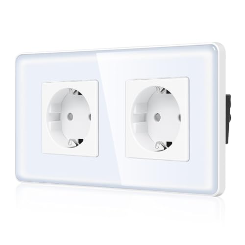 CNBINGO Glas Doppelsteckdose Unterputz - Zweifach Schuko Steckdose mit 2,5D Curved Glas Platte - 16 Amp Schutzkontakt Wandsteckdose mit Kindersicherung - 2 Fach Weiß von CNBINGO