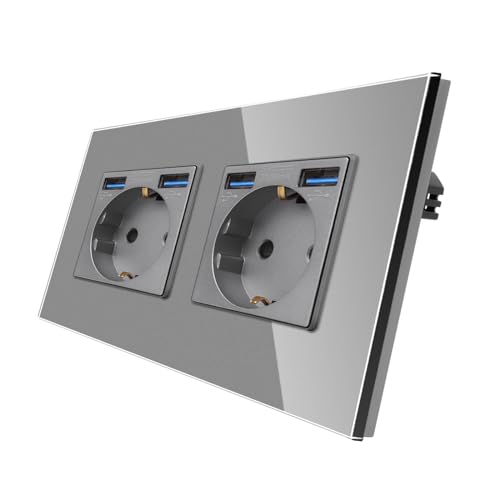 CNBINGO Glas Doppelsteckdose mit USB Ports (Max.2,1 Amp) - Zweifach Steckdose Unterputz in Grau - Schuko Schutzkontakt Wandsteckdose mit Glasrahmen A+A-Gr von CNBINGO