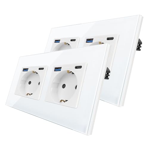 CNBINGO Glas Doppelsteckdose mit USB Ports (Typ-C und Typ-A 3,1 Amp total) - 20W USB Schnellladen - Zweifach Steckdose Unterputz in Weiß - Schuko Schutzkontakt Wandsteckdose von CNBINGO