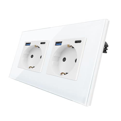 CNBINGO Glas Doppelsteckdose mit USB Ports (Typ-C und Typ-A unterstützung 20W Schnellladen) - Zweifach Steckdose Unterputz in Weiß - Schuko Schutzkontakt Wandsteckdose mit Glasrahmen von CNBINGO