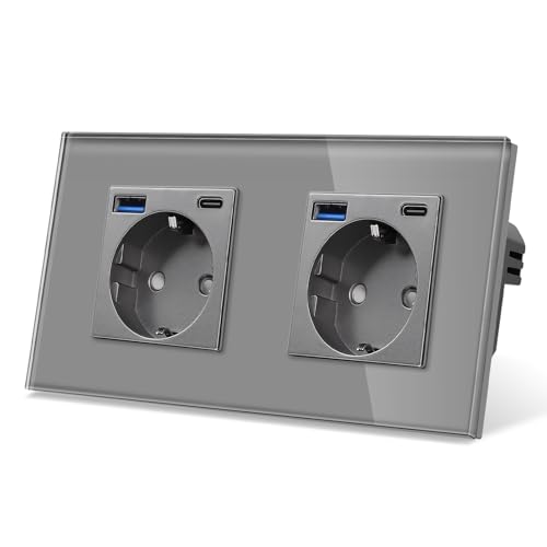 CNBINGO Glas Doppelsteckdose mit USB Ports (Typ-C und Typ-A unterstützung 20W Schnellladen) - Zweifach Steckdose Unterputz in Grau - Schuko Schutzkontakt Wandsteckdose mit Glasrahmen von CNBINGO