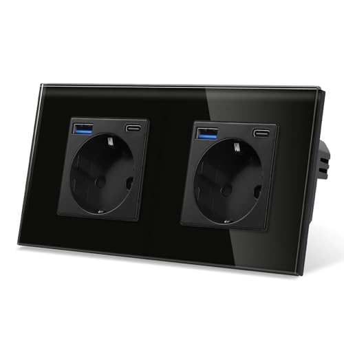 CNBINGO Glas Doppelsteckdose mit USB Ports (Typ-C und Typ-A unterstützung 20W Schnellladen) - Zweifach Steckdose Unterputz in Schwarz - Schuko Schutzkontakt Wandsteckdose mit Glasrahmen von CNBINGO