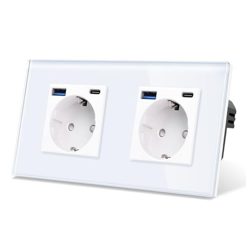 CNBINGO Glas Doppelsteckdose mit USB Ports (Typ-C und Typ-A unterstützung 20W Schnellladen) - Zweifach Steckdose Unterputz in Weiß - Schuko Schutzkontakt Wandsteckdose mit Glasrahmen von CNBINGO