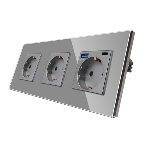 CNBINGO Glas Dreifach Steckdose mit 2 USB Ports, 1× (Typ-C und Typ-A unterstützung 20W Schnellladen) - Schuko Steckdose Unterputz in Grau - Schutzkontakt Wandsteckdose mit Glasrahmen von CNBINGO