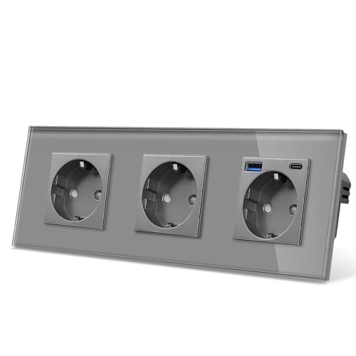 CNBINGO Glas Dreifach Steckdose mit 2 USB Ports, 1× (Typ-C und Typ-A unterstützung 20W Schnellladen) - Schuko Steckdose Unterputz in Grau - Schutzkontakt Wandsteckdose mit Glasrahmen von CNBINGO