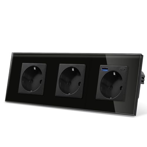 CNBINGO Glas Dreifach Steckdose mit 2 USB Ports, 1× (Typ-C und Typ-A unterstützung 20W Schnellladen) - Schuko Steckdose Unterputz in Schwarz - Schutzkontakt Wandsteckdose mit Glasrahmen von CNBINGO