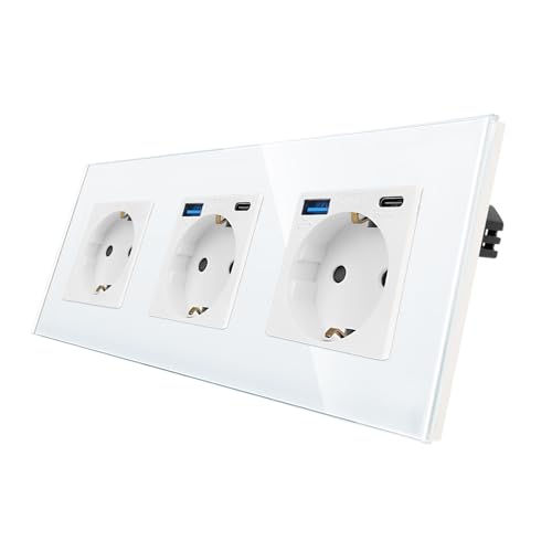 CNBINGO Glas Dreifach Steckdose mit 4 USB Ports, 2× (Typ-C und Typ-A 3,1 Amp total) - 20W USB Schnellladen - Schuko Steckdose Unterputz in Weiß - Schutzkontakt Wandsteckdose mit Glasrahmen von CNBINGO