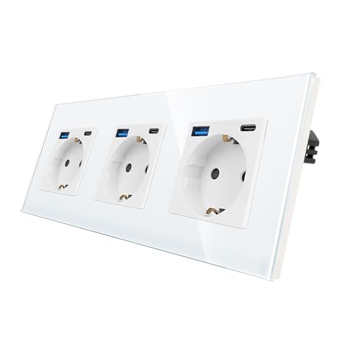 CNBINGO Glas Dreifach Steckdose mit 6 USB Ports, 3× (Typ-C und Typ-A 3,1 Amp total) - 20W USB Schnellladen - Schuko Steckdose Unterputz in Weiß - Schutzkontakt Wandsteckdose mit Glasrahmen von CNBINGO