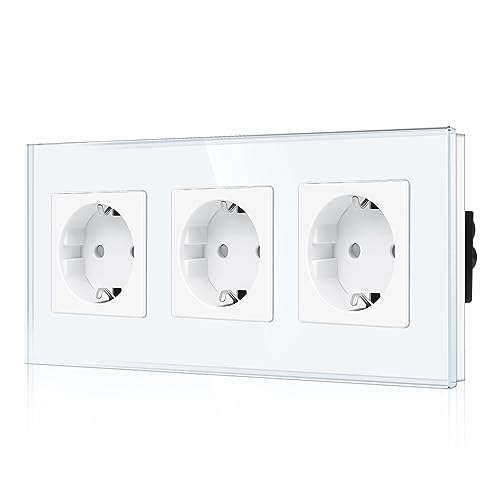 CNBINGO Glas Dreifachsteckdose Unterputz in Weiß - Dreifach Schuko Steckdose mit Kindersicherung - 16 Amp Schutzkontakt Wandsteckdose mit Glasrahmen von CNBINGO