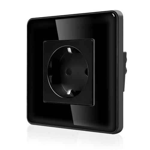 CNBINGO Glas Einzelsteckdose Unterputz - Einfach Schuko Steckdose mit 2,5D Curved Glas Platte - 16 Amp Schutzkontakt Wandsteckdose mit Kindersicherung - 1 Fach Schwarz von CNBINGO