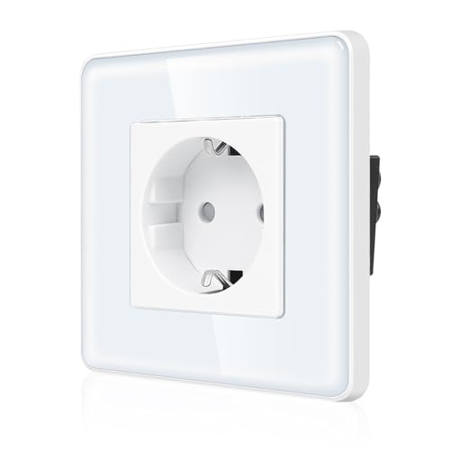 CNBINGO Glas Einzelsteckdose Unterputz - Einfach Schuko Steckdose mit 2,5D Curved Glas Platte - 16 Amp Schutzkontakt Wandsteckdose mit Kindersicherung - 1 Fach Weiß von CNBINGO