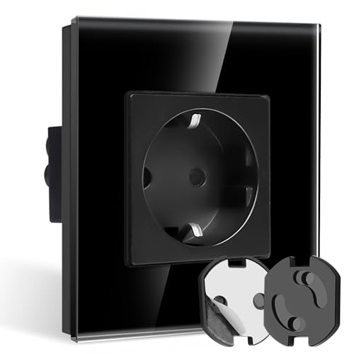 CNBINGO Glas Einzelsteckdose Unterputz in Schwarz - Steckdosenschutz Kindersicherung mit Drehmechanik - Einfach Schuko Steckdose - Schutzkontakt Wandsteckdose mit Glasrahmen von CNBINGO