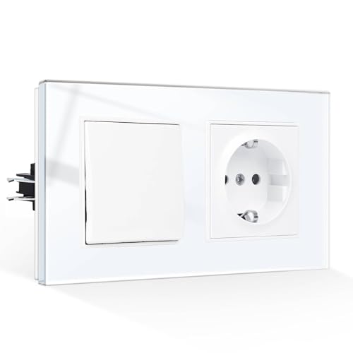 CNBINGO Glas Lichtschalter mit Schuko Steckdose Unterputz - Gehärteter Glasscheibe Steckdose mit Steckklemme - 1 Fach 1 Weg, Weiß CNBINGO Glas Lichtschalter mit Schuko Steckdose Unterputz - Gehärteter Glasscheibe Steckdose mit Steckklemme - 1 Fach 1 Weg, Weiß von CNBINGO