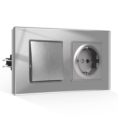 CNBINGO Glas Lichtschalter mit Schuko Steckdose Unterputz - Gehärteter Glasscheibe Steckdose mit Steckklemme - 2 Fach 1 Weg, Grau CNBINGO Glas Lichtschalter mit Schuko Steckdose Unterputz - Gehärteter Glasscheibe Steckdose mit Steckklemme - 2 Fach 1 Weg, Grau von CNBINGO