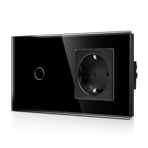CNBINGO Glas Lichtschalter und Schuko Steckdose Unterputz – Touch Lichtschalter mit LED Status – Wandschalter mit Glasrahmen – 1 Fach Schwarz von CNBINGO