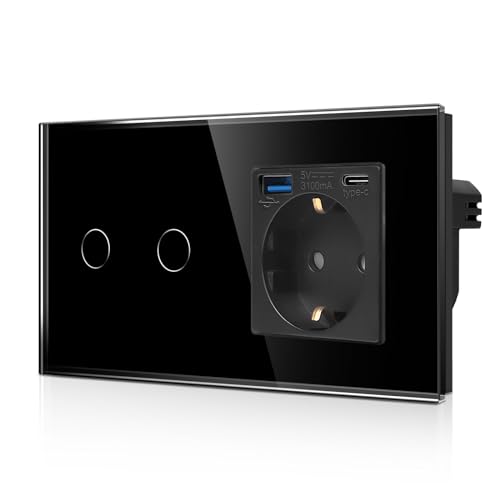 CNBINGO Glas Lichtschalter und USB Schuko Steckdose Unterputz (Typ-C und Typ-A 3,1 Amp / 20W Total) – Touch Lichtschalter mit LED Status – 2 Fach Schwarz von CNBINGO