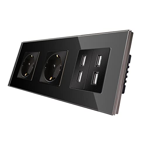 CNBINGO Glas Schuko Steckdose unterputz mit 4 USB Anschluss 2.4 Amp, Doppelsteckdose Schwarz, Wandsteckdose zweifach mit Glasrahmen von CNBINGO